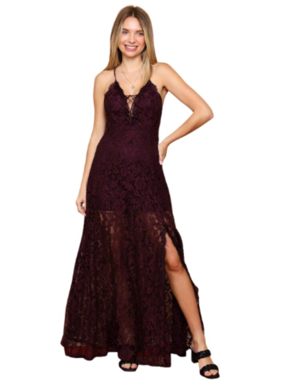 Fanco Plum Lace Maxi Dress | NWT | Lined | Adjustable Straps | Side Slit S-L